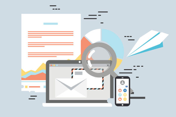 Illustration of a laptop, smartphone, magnifying glass, envelope, pie chart, and paper airplane, representing digital communication and data analysis.