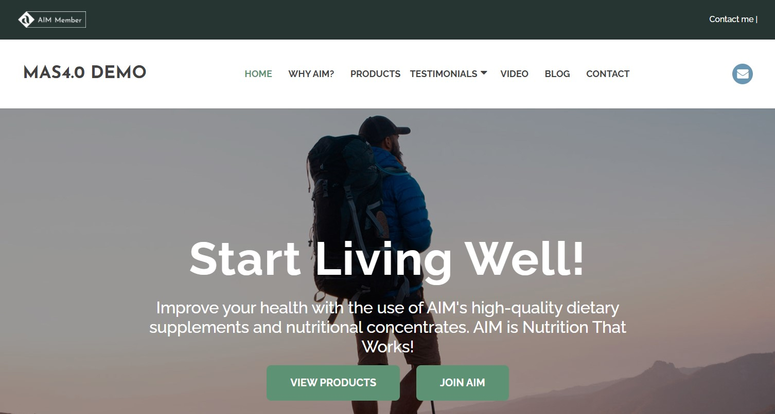 mas4.0-demo A person with a backpack stands outdoors; overlay text promotes AIM's dietary supplements and nutritional products with options to view products or join AIM.